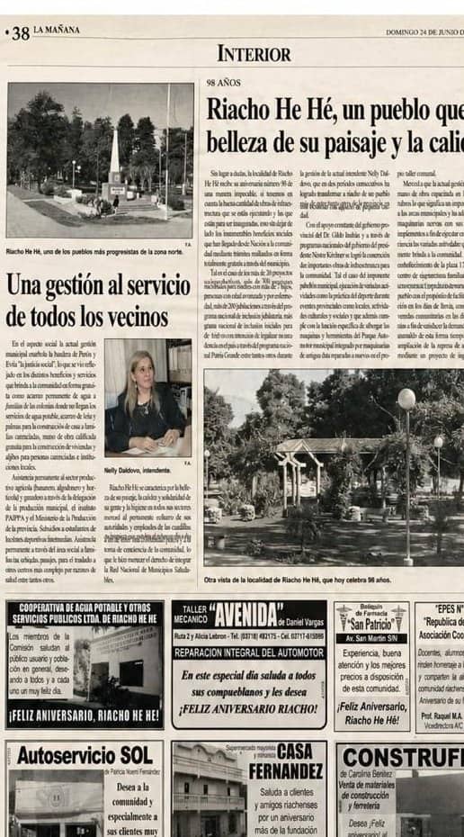 Inside page of Diario La Mañana from 24 June 2007. The headline reads Riacho He Hé, a town of landscape and warmth, next to a note on the municipal government and anniversary notices.