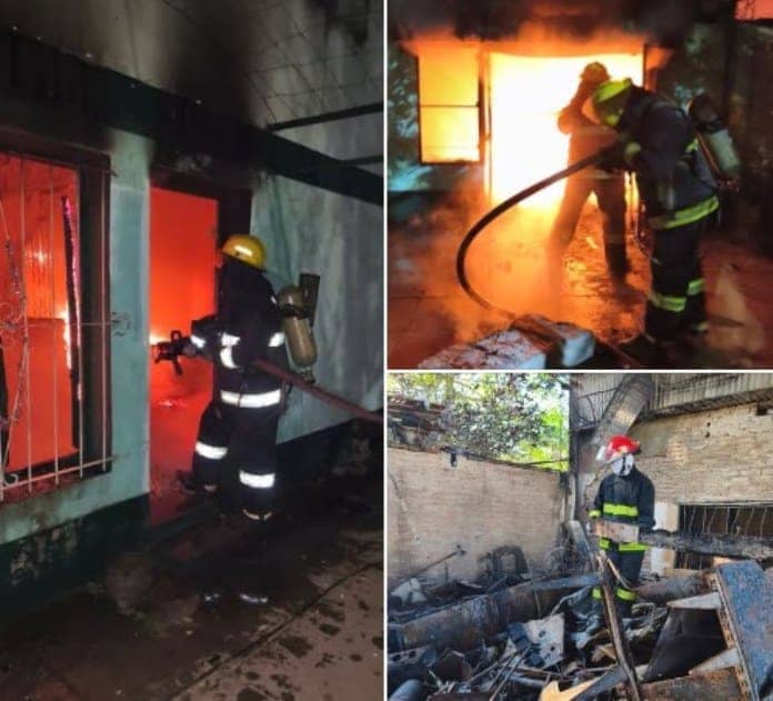 Three photographs of the fire: the flames at night, the firefighters with the hose, and the debris by day.
